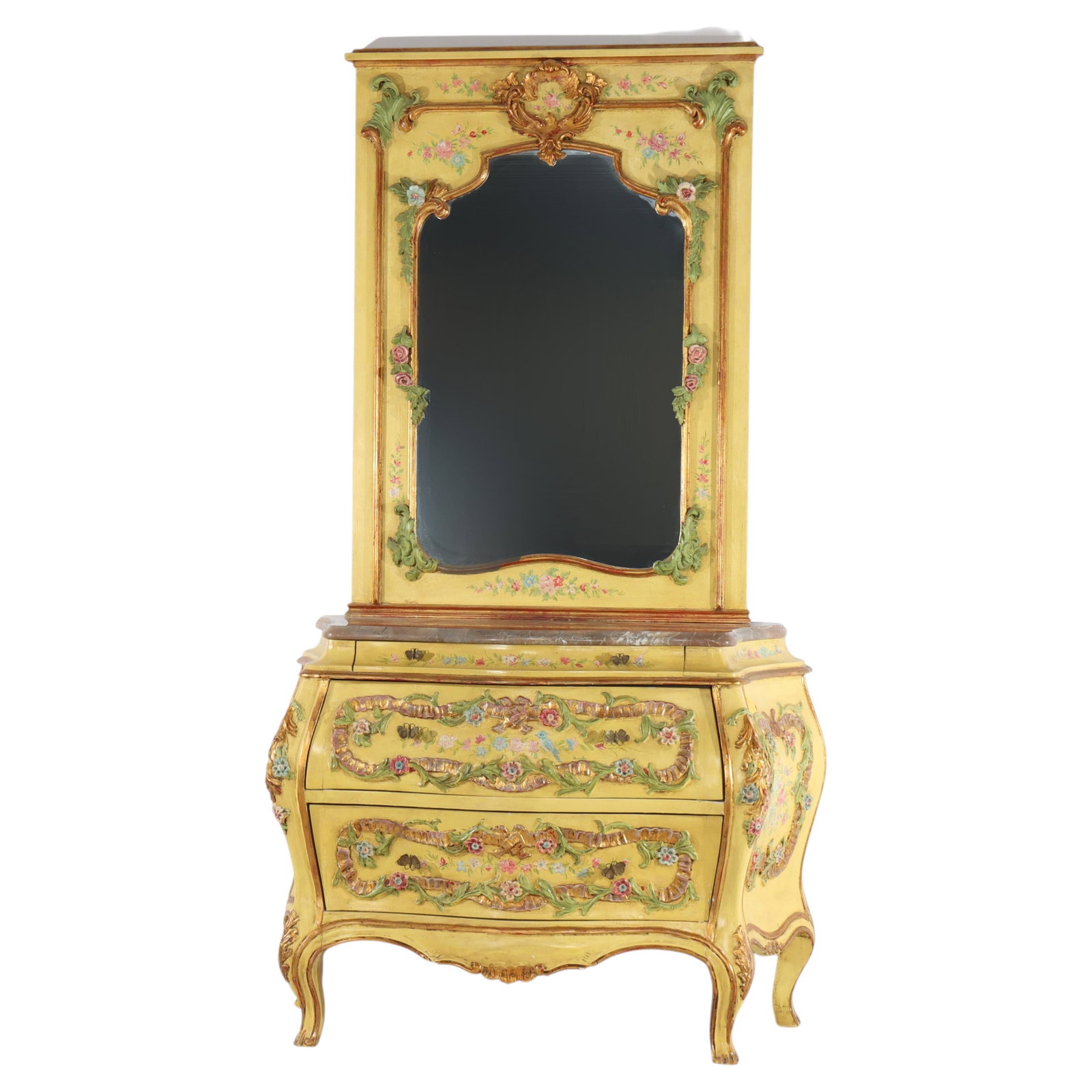 Rococo Revival Venetian Bombe Dresser With Marble Top and Trumeau Mirror circa 1930 (1 of 14)