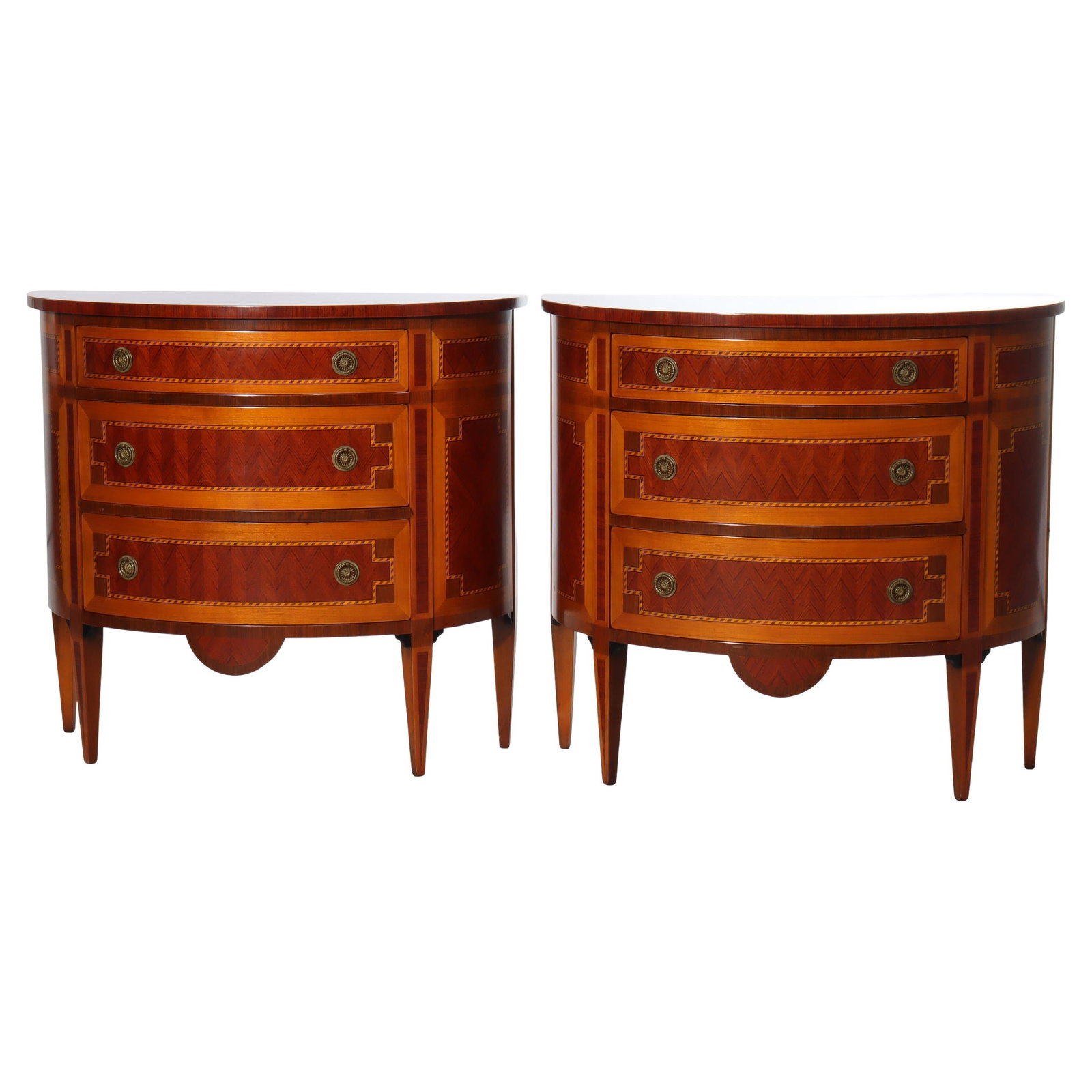 Set of 2 Italian Satinwood Demilune Cabinets with Rosewood Inlay: Set of 2 Italian Satinwood Demilune Cabinets with Rosewood Inlay This is a refined pair of Italian Hepplewhite style demilune consoles from the 20th century. Each cabinet is expertly crafted with sati