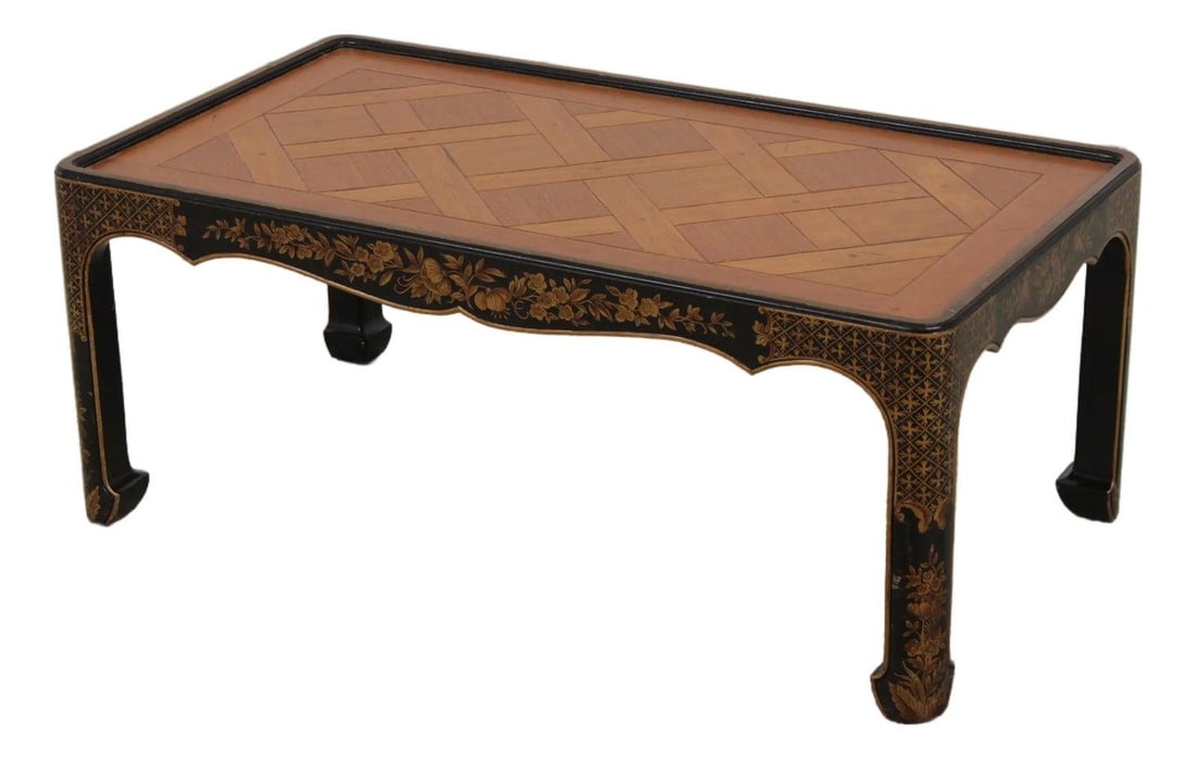Baker Black Lacquer Chinoiserie Coffee Table Gold Floral Inlay (1 of 10)