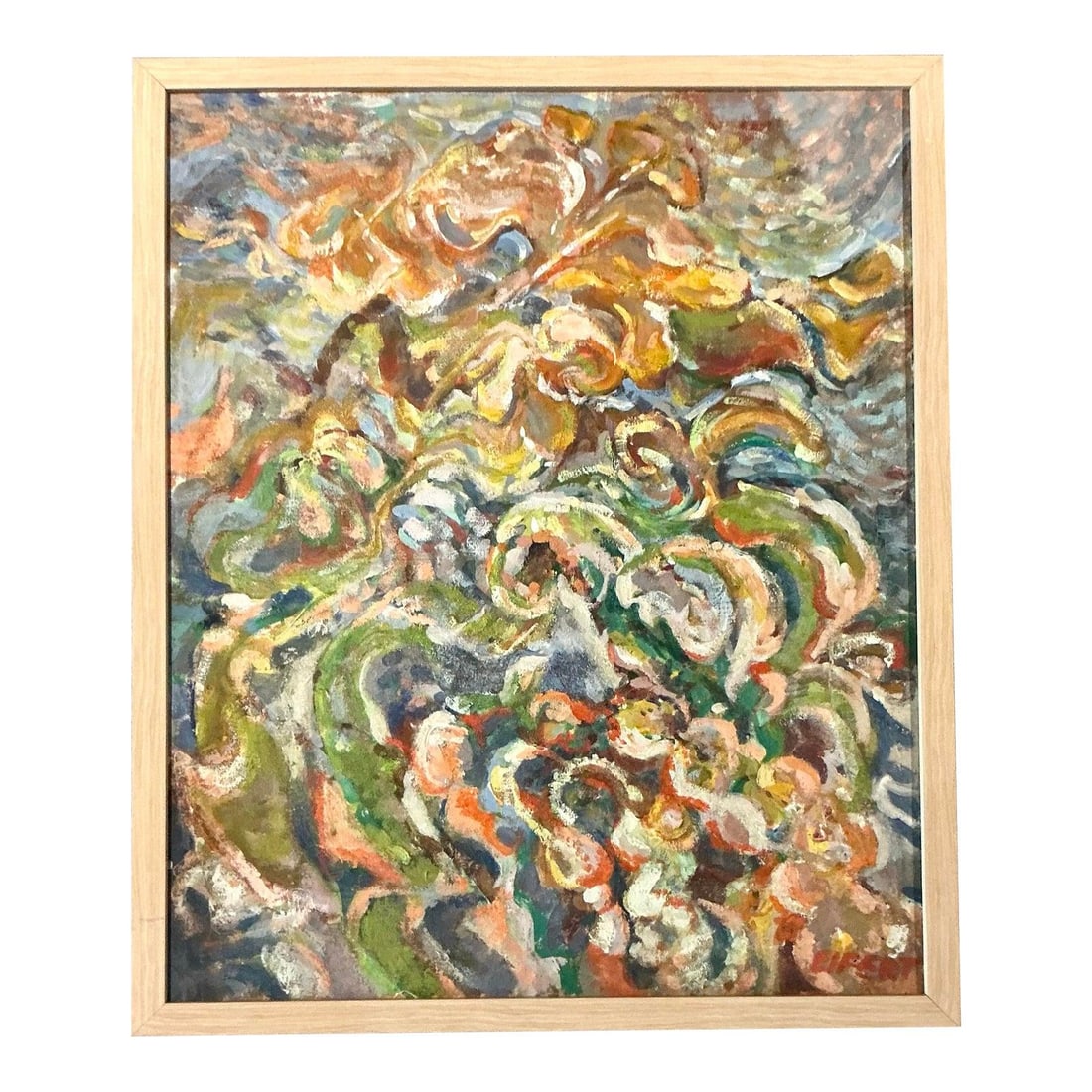 Original 1970s Abstract Oil Painting on Canvas in Light Wood Frame 25.5 x 30.75: Original 1970s Abstract Oil Painting on Canvas in Light Wood Frame 25.5 x 30.75 This original abstract oil painting features a dynamic impasto technique with textured, swirling brushstrokes in moss gr