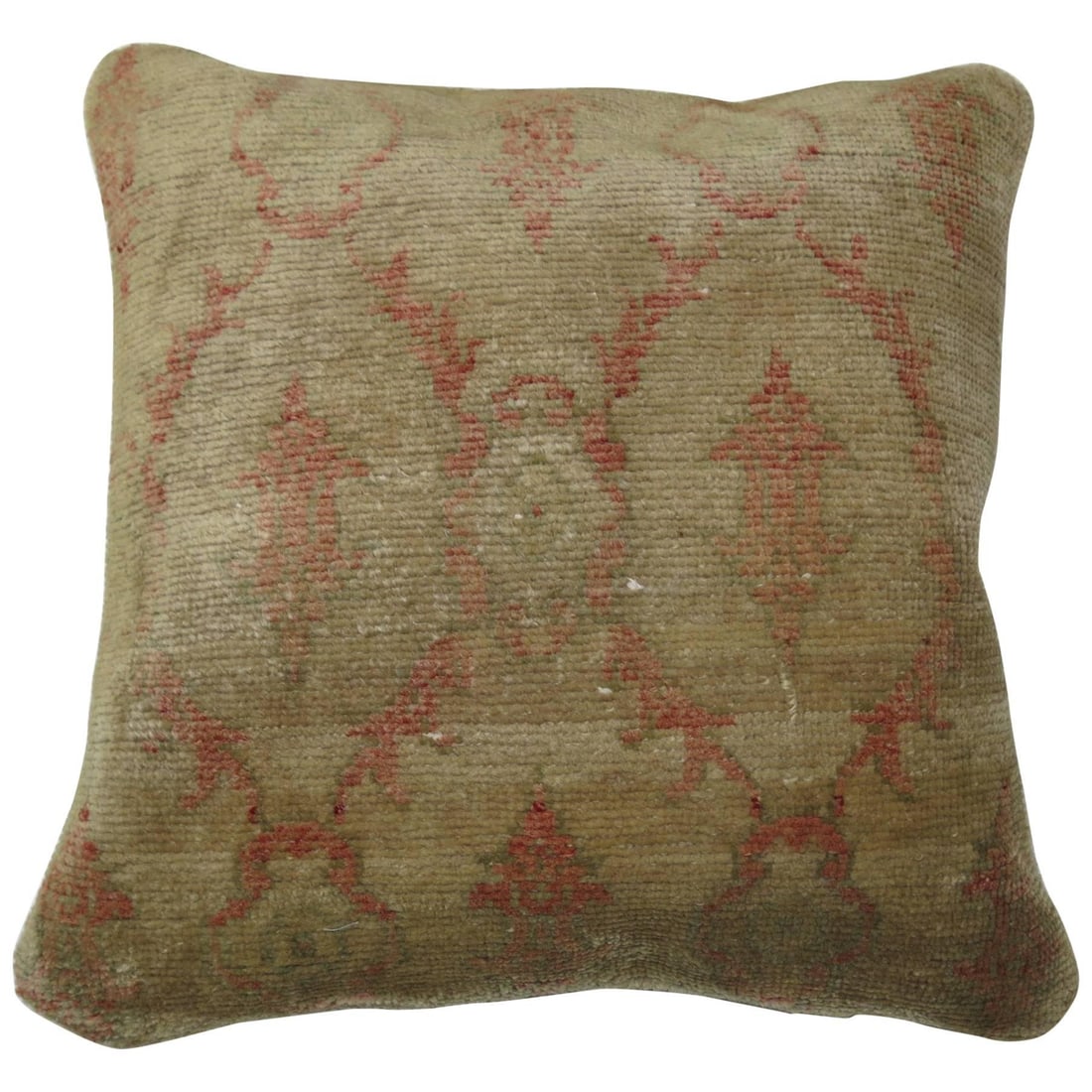 Turkish Mid Century Modern Camel Red Wool Pillow 19 x 19: Turkish Mid Century Modern Camel Red Wool Pillow 19 x 19 This pillow is crafted from a vintage Turkish rug in camel and soft red tones, showcasing a Mid-Century Modern style. Made with cotton, foam, a