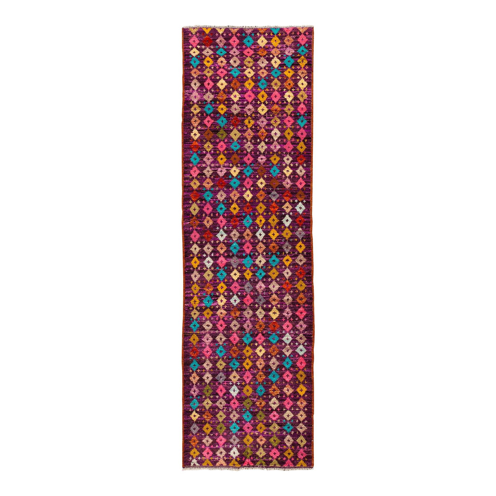 Stunning Modern Afghan Gabbeh Wool Runner Purple Geometric Design 2'9 x 9'6: Stunning Modern Afghan Gabbeh Wool Runner Purple Geometric Design 2'9 x 9'6 Enhance your space with this exquisite modern Afghan Gabbeh hand-knotted wool runner, featuring a vibrant purple field adorn