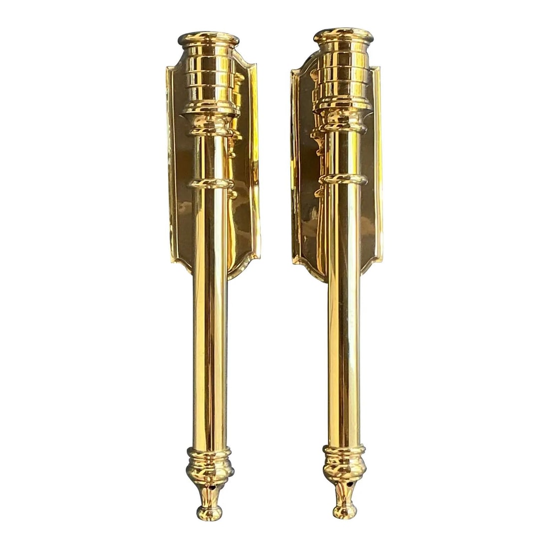 Pair of Polished Brass Regency Style Hurricane Wall Candle Sconces: Pair of Polished Brass Regency Style Hurricane Wall Candle Sconces This pair of vintage Regency hurricane candle sconces features a torchere-style silhouette with sleek vertical lines and traditional 