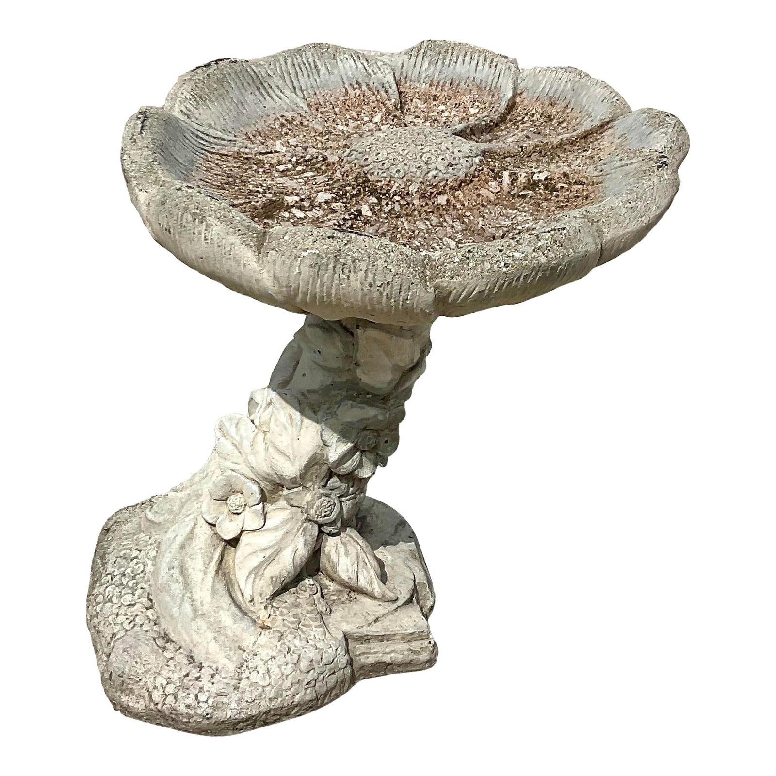 Vintage Coastal Flower Design Concrete Bird Bath 20" Tall: Vintage Coastal Flower Design Concrete Bird Bath 20" Tall Enhance your garden with this stunning vintage Coastal bird bath, crafted from durable cast concrete. Showcasing a delightful flower design, t