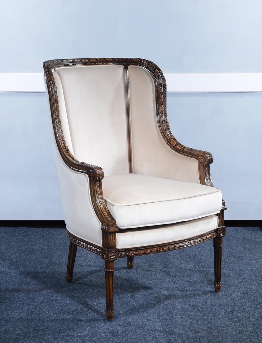 Elegant Louis XVI Bergere Chair Solid Wood Beige Velvet: Elegant Louis XVI Bergere Chair Solid Wood Beige Velvet Discover the elegance of the Exquisite French Louis XVI Bergere Chair, a stunning piece that beautifully blends antique charm with modern crafts