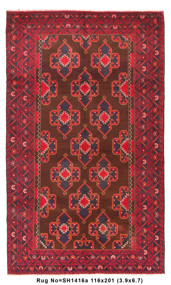 Handcrafted 3.10 x 6.7 Afghan Baluch Wool Area Rug in Brown: Handcrafted 3.10 x 6.7 Afghan Baluch Wool Area Rug in Brown Free continental US Shipping Enhance your living space with this stunning Afghan Baluch Wool Rug, expertly handcrafted by skilled artisans. 