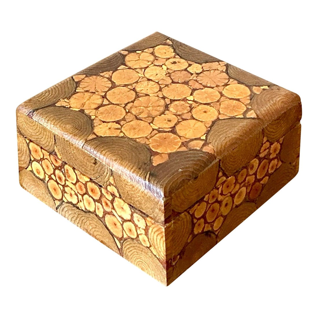 Handcrafted Lidded Wood Box with Cross-Cut Branch Mosaic Folk Art (1 of 8)