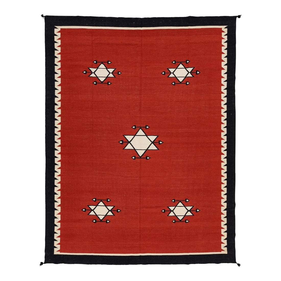 Handmade Red Wool Flatweave Rug with Geometric Navajo-Inspired Star Motifs 9x12: Handmade Red Wool Flatweave Rug with Geometric Navajo-Inspired Star Motifs 9x12 This handmade wool area rug features a modern interpretation of Navajo weaving patterns, with five intricate white geome