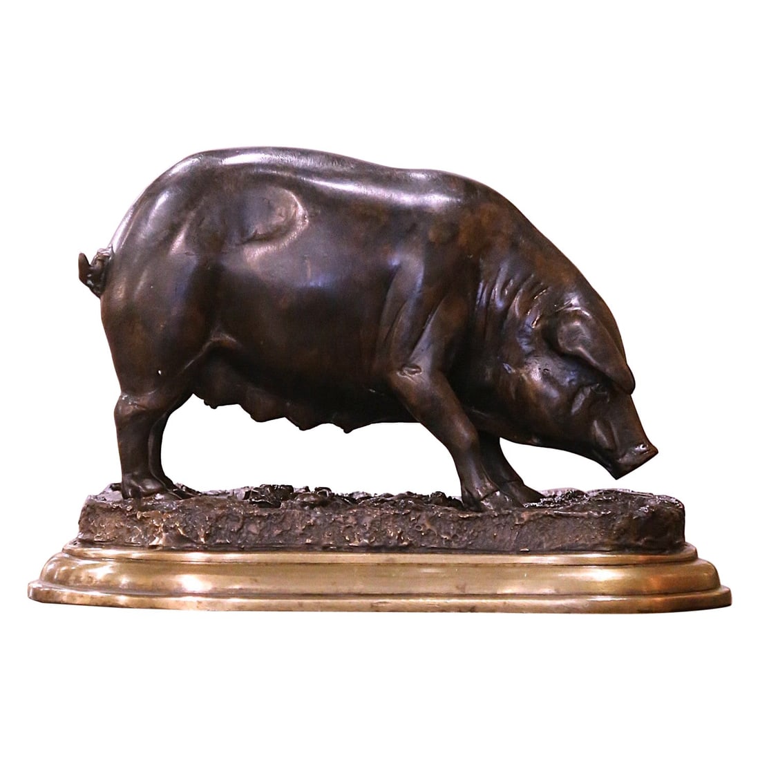 19th Century Patinated Bronze Pig Sculpture by Jules Moigniez: 19th Century Patinated Bronze Pig Sculpture by Jules Moigniez This exquisite 19th Century French patinated bronze sculpture by Jules Moigniez features a charming pig figure, meticulously handcrafted f