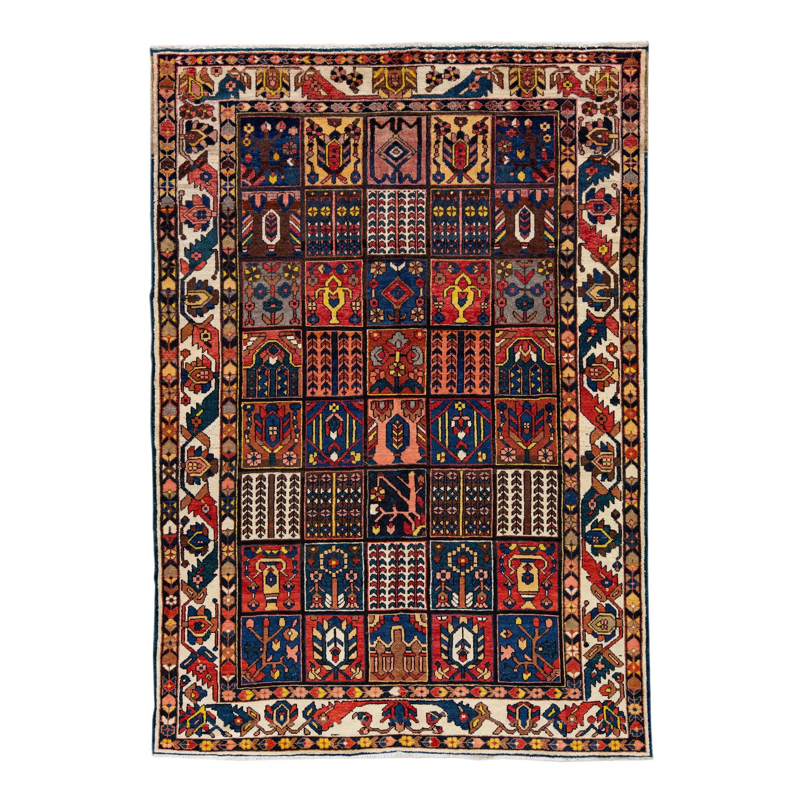 Handmade Multicolor Bakhtiari Wool Rug 6'2 x 10'2 Brick Red: Handmade Multicolor Bakhtiari Wool Rug 6'2 x 10'2 Brick Red Discover the beauty of this exquisite Bakhtiari handmade rug, featuring a stunning multicolor field and a beige-designed frame. The rug show