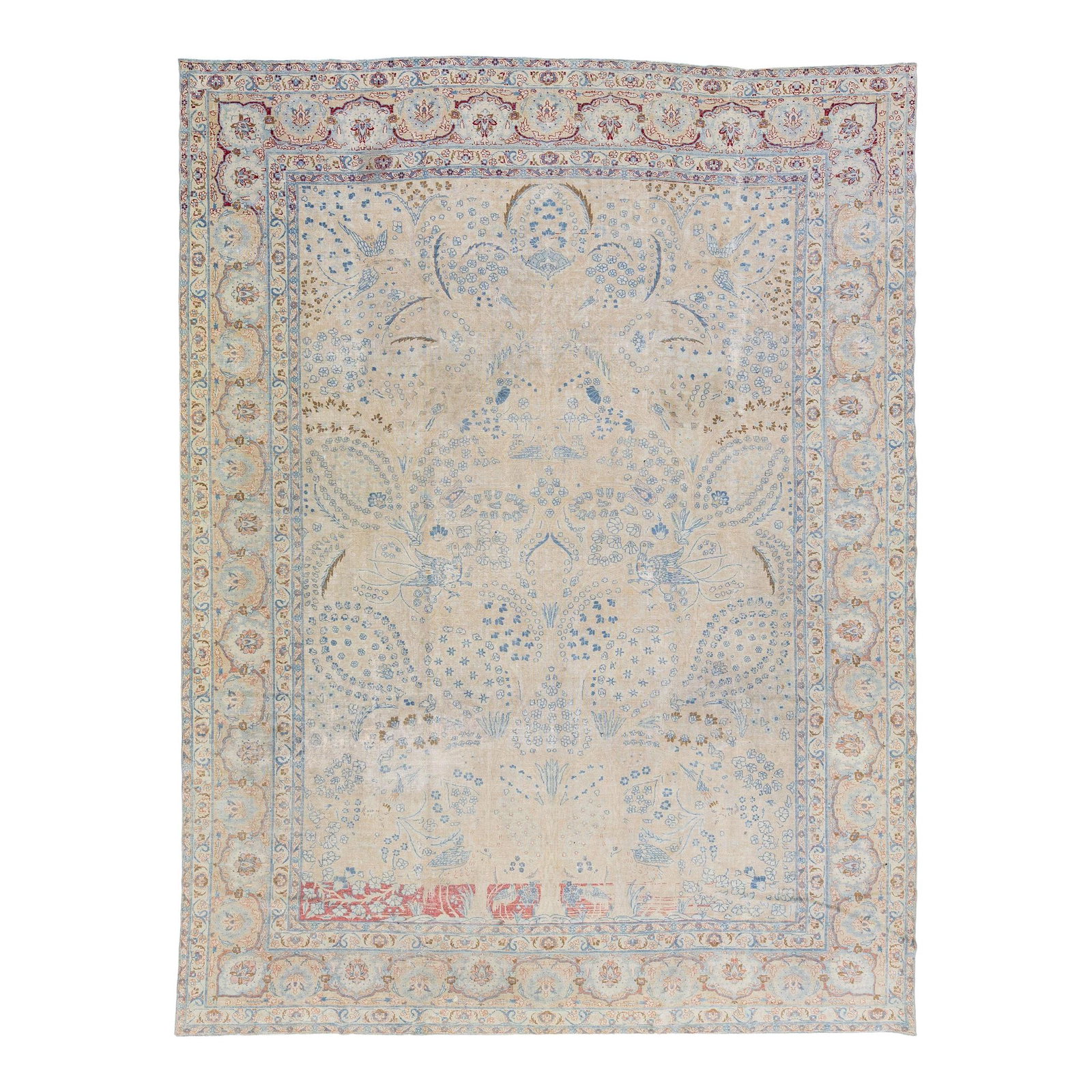 1920s Handmade Persian Tabriz Wool Rug Beige Floral Design 9'8 x 12'10: 1920s Handmade Persian Tabriz Wool Rug Beige Floral Design 9'8 x 12'10 This exquisite antique Persian Tabriz rug from the 1920s features a stunning beige color field adorned with an intricate all-over
