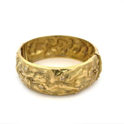 Estate 18k Yellow Gold Wide Hinge Bracelet with Diamonds (1 of 6)