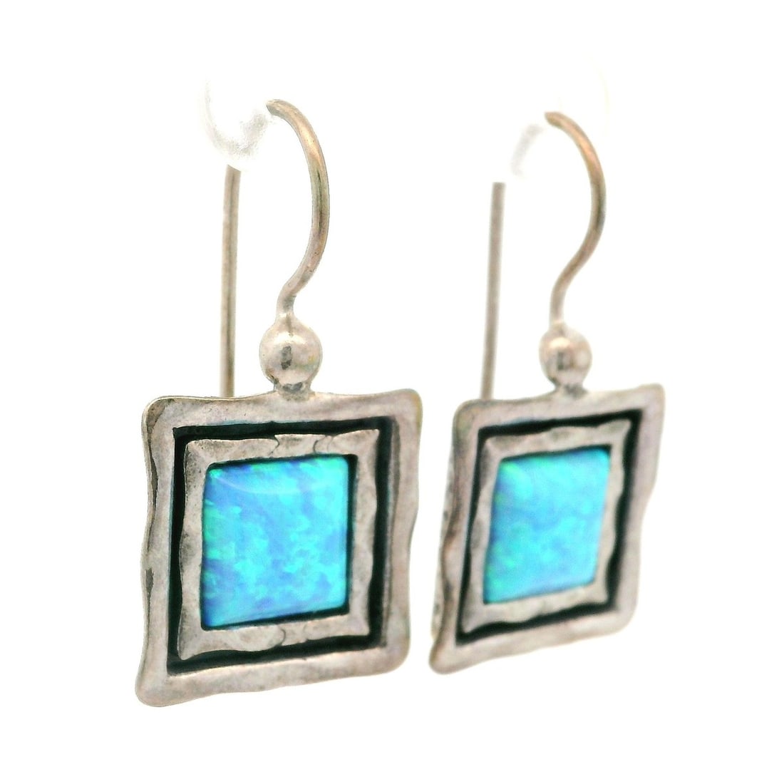 Sterling Silver Opal Dangle Earrings with Hammered Square Frames - 2
