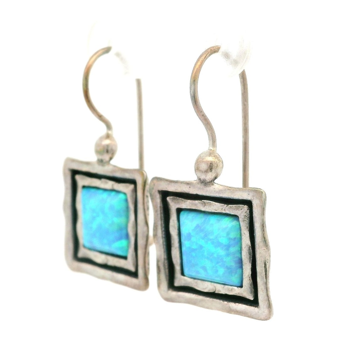Sterling Silver Opal Dangle Earrings with Hammered Square Frames - 3