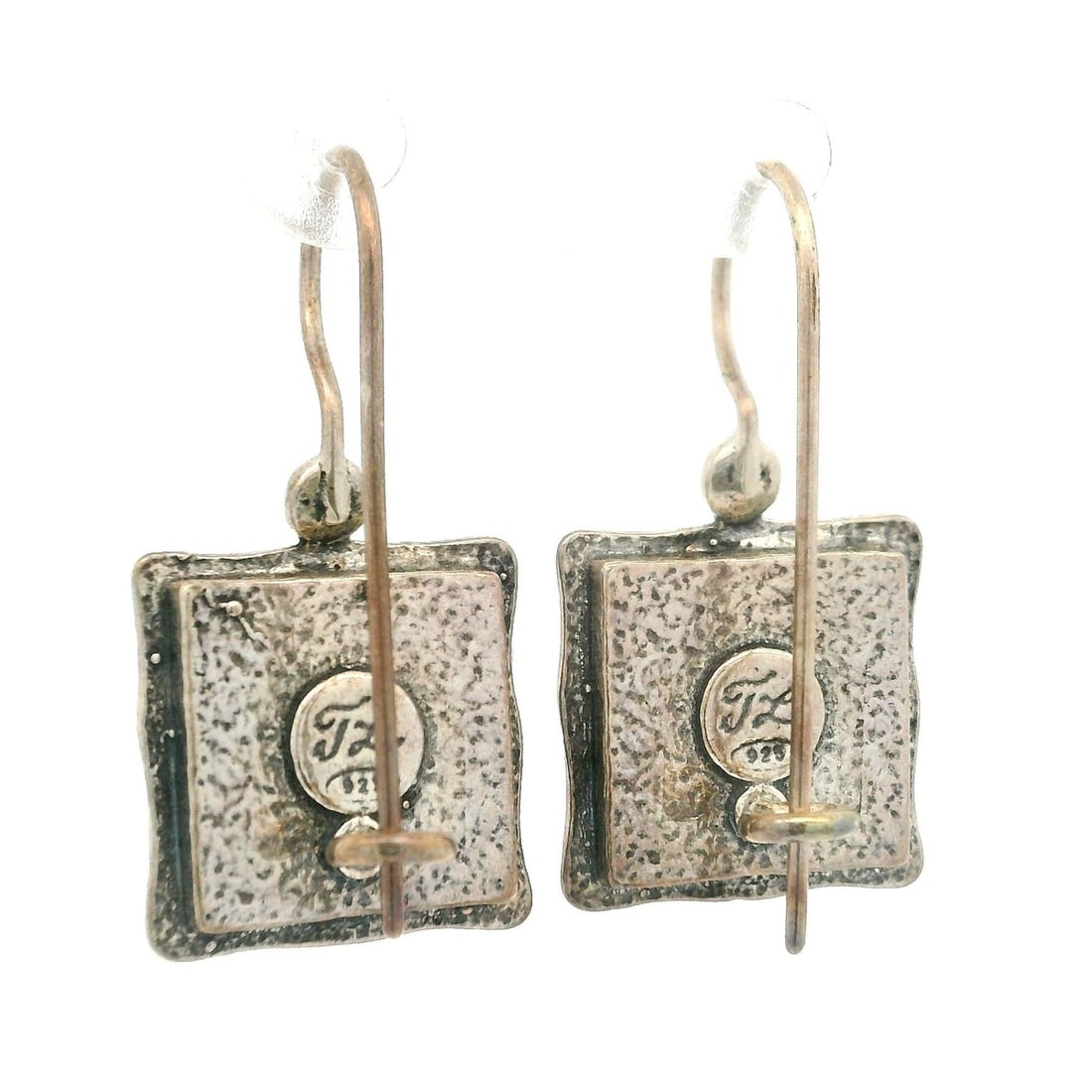 Sterling Silver Opal Dangle Earrings with Hammered Square Frames - 5