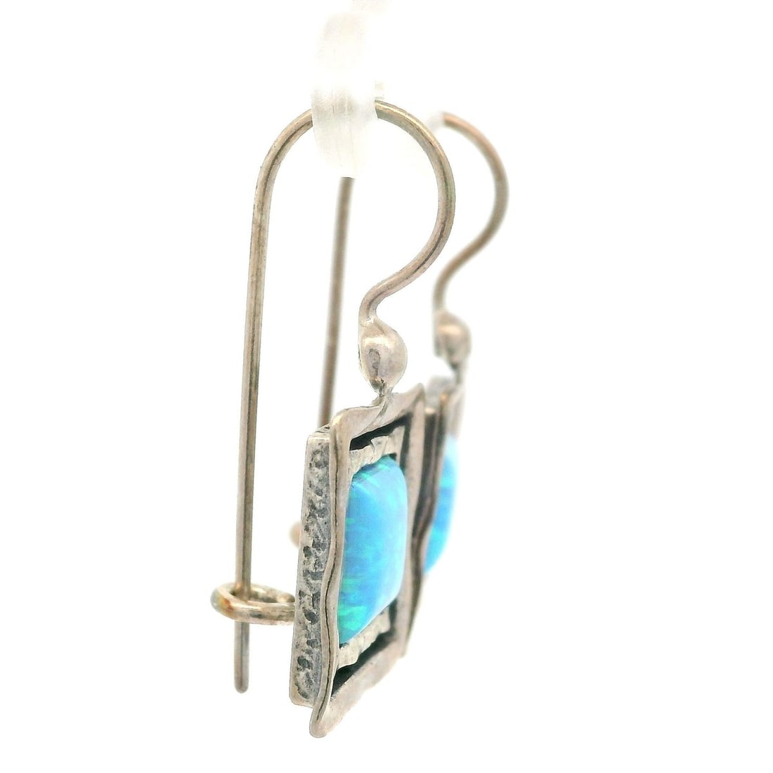 Sterling Silver Opal Dangle Earrings with Hammered Square Frames - 6