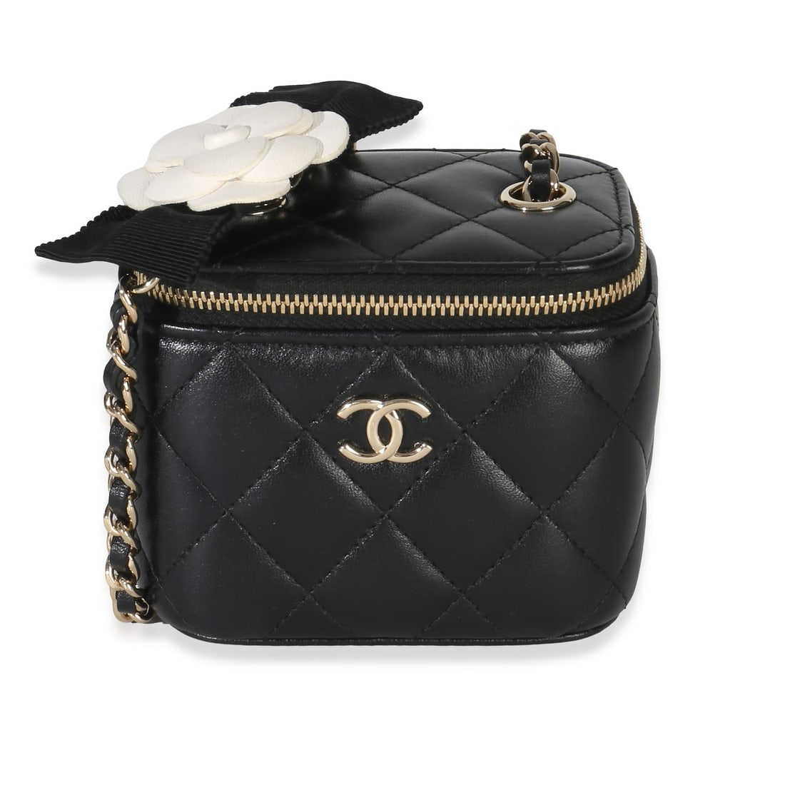 Chanel Mini Vanity Case Black Quilted Lambskin Chain Bag: Chanel Mini Vanity Case Black Quilted Lambskin Chain Bag This Chanel Mini Vanity Case is crafted from black quilted lambskin leather and features a camellia bow detail and gold-tone chain strap. The b