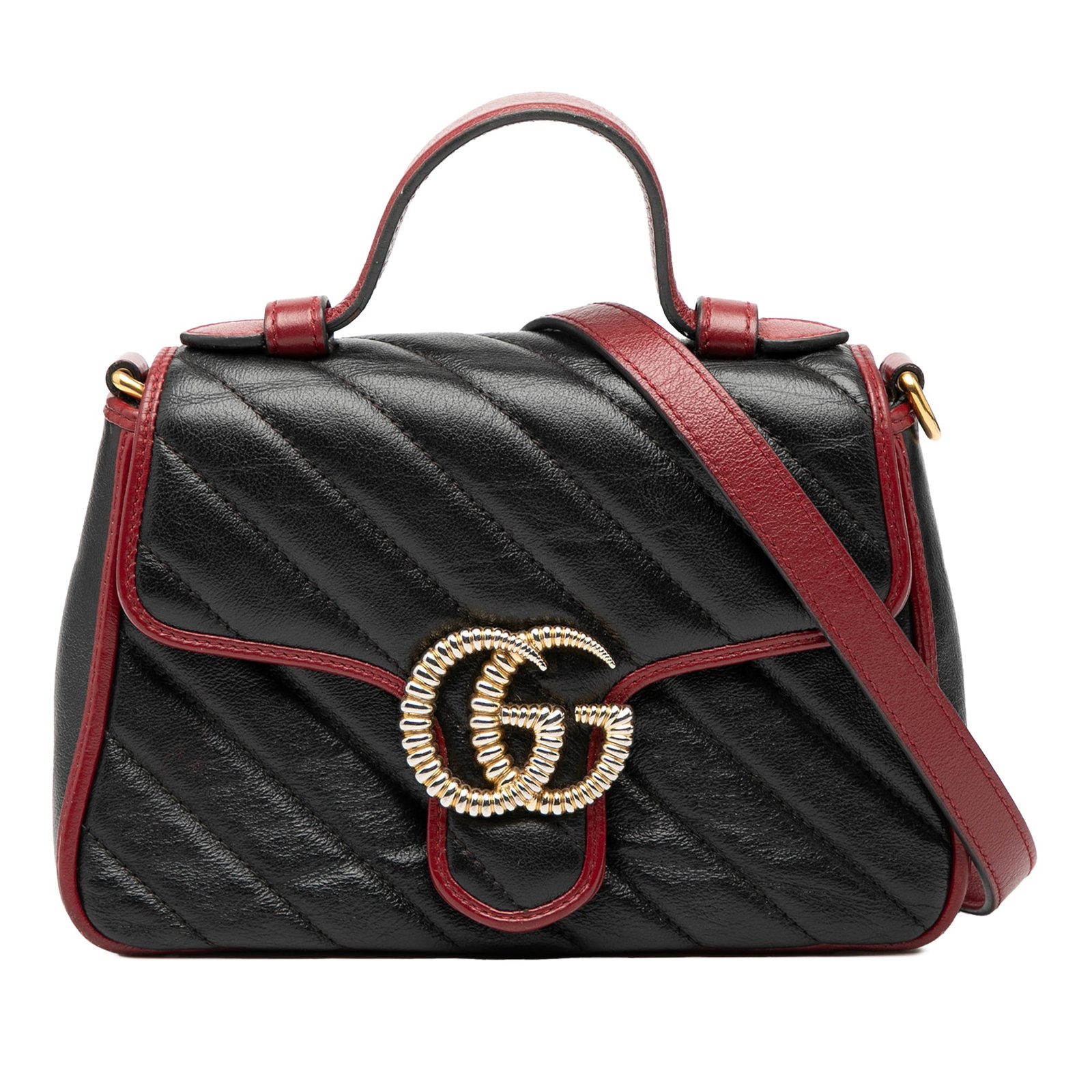 Black Leather GG Marmont Matelasse Torchon Satchel with Top Handle by Gucci: Black Leather GG Marmont Matelasse Torchon Satchel with Top Handle by Gucci This Gucci GG Marmont Matelasse Leather Torchon Top Handle Bag features a quilted black leather body with a flat leather top