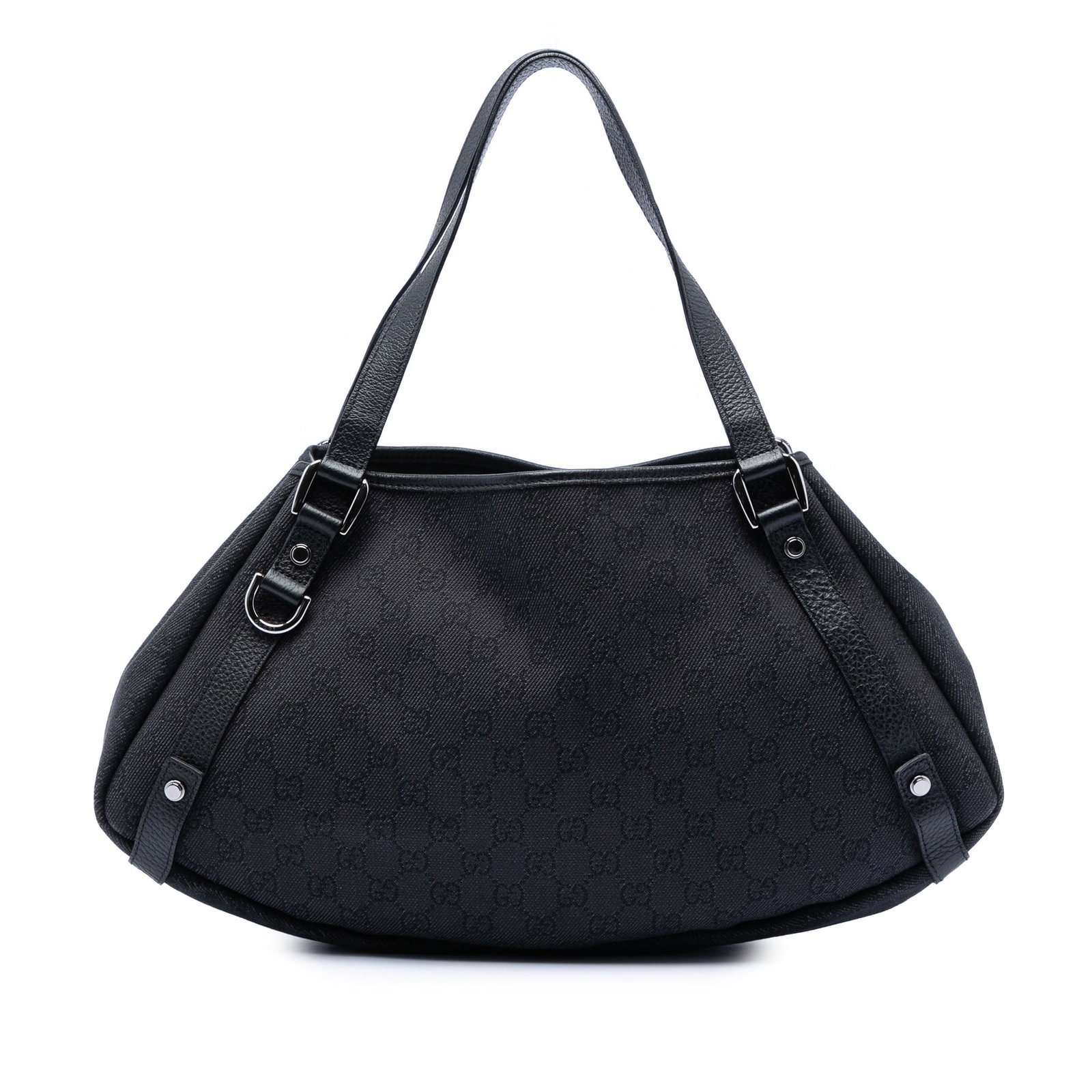 Gucci black denim tote with leather trim and D ring: Gucci black denim tote with leather trim and D ring This Gucci GG Denim Abbey D Ring Tote features a denim exterior with leather trim, complemented by flat leather shoulder straps. The open top design