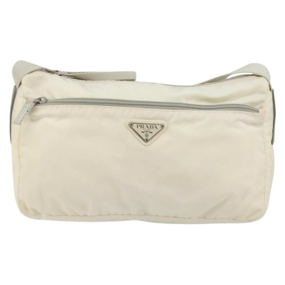 Prada Tessuto White Nylon Waist Bag: Prada Tessuto White Nylon Waist Bag This Prada Zip Waist Bag is crafted from durable white nylon and designed for women. The bag features a zip closure and is made in Italy. It shows signs of use, inc