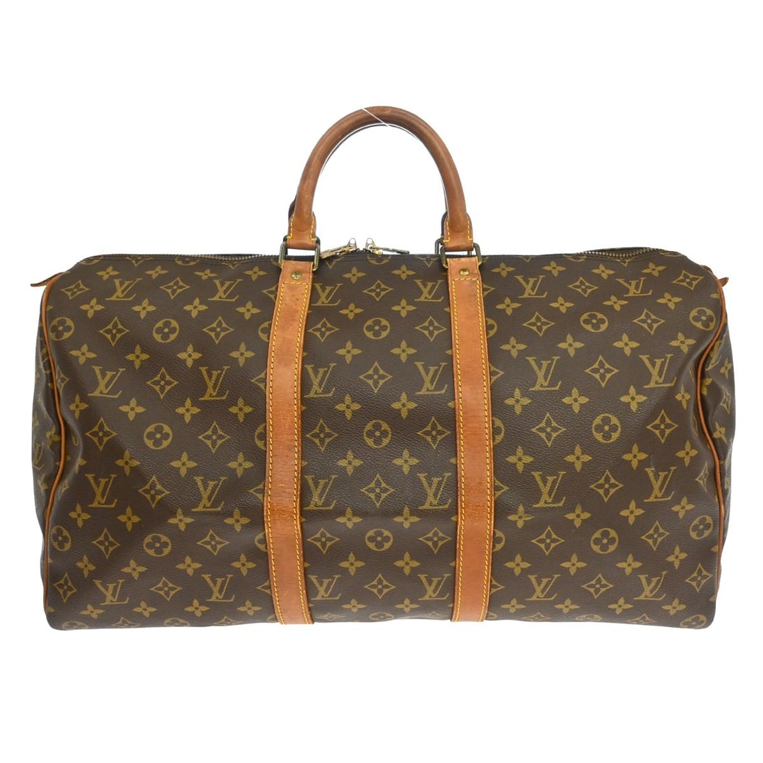 Louis Vuitton Monogram Canvas Keepall Travel Bag: Louis Vuitton Monogram Canvas Keepall Travel Bag This Louis Vuitton Keepall Bag features the iconic monogram canvas in brown and is designed for unisex use. The bag shows visible signs of wear, includ