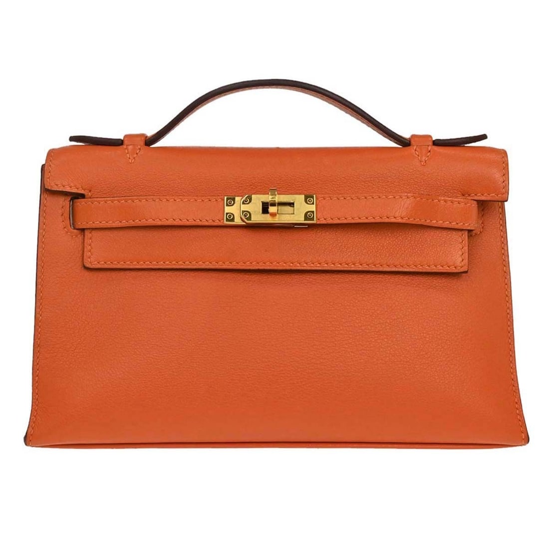 Hermes Kelly Pochette Orange Swift Leather Bag: Hermes Kelly Pochette Orange Swift Leather Bag This Hermes Kelly Pochette is crafted from leather in a vibrant orange color. Designed for women, it features a compact silhouette and is made in France.