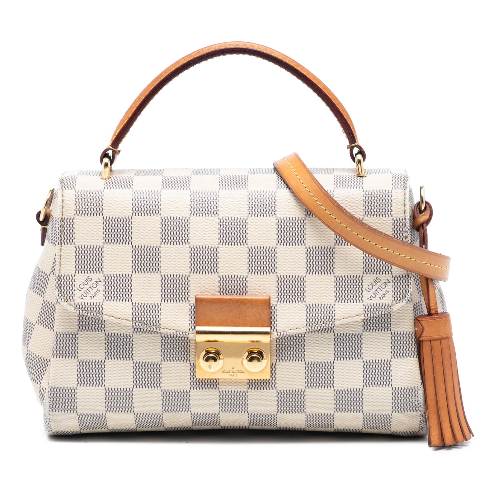 Louis Vuitton Croisette Damier Azur bag: Louis Vuitton Croisette Damier Azur bag This Louis Vuitton Damier Azur Croisette bag features a damier canvas body with vachetta leather trim and a leather tassel detail. It is designed with a flat va