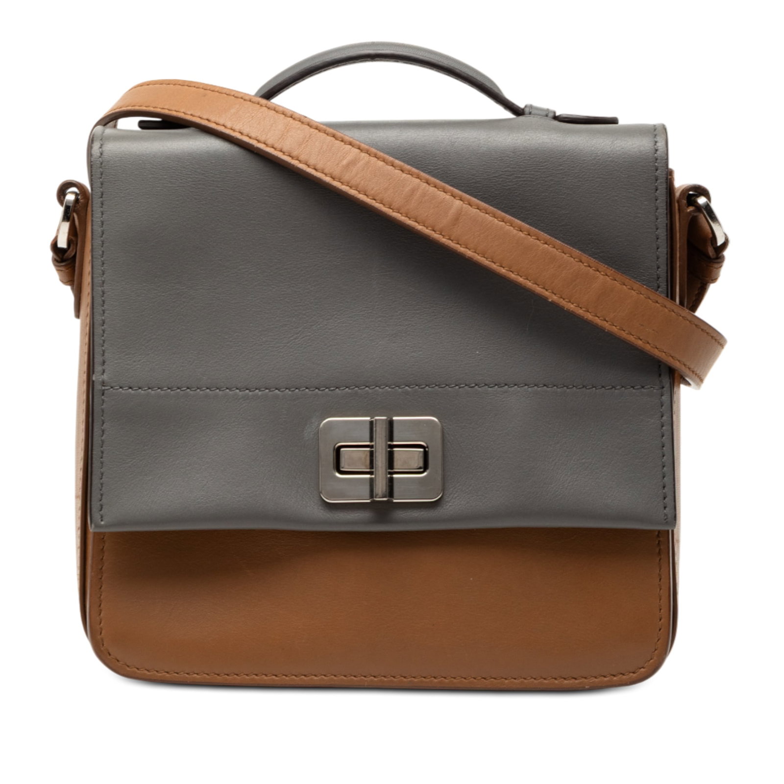 Prada Bicolor City Calf Leather Satchel Shoulder Bag: Prada Bicolor City Calf Leather Satchel Shoulder Bag This Prada Bicolor City Calf Satchel features a leather body, a flat-top handle, an adjustable flat leather strap, a front flap with twist lock clo