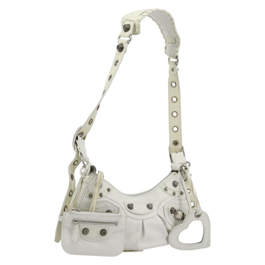 Balenciaga Luca Goal leather shoulder bag white silver 671309: Balenciaga Luca Goal leather shoulder bag white silver 671309 This Balenciaga Luca Goal shoulder bag features a sleek design crafted from white and silver leather. Made in Italy, it offers a compact s