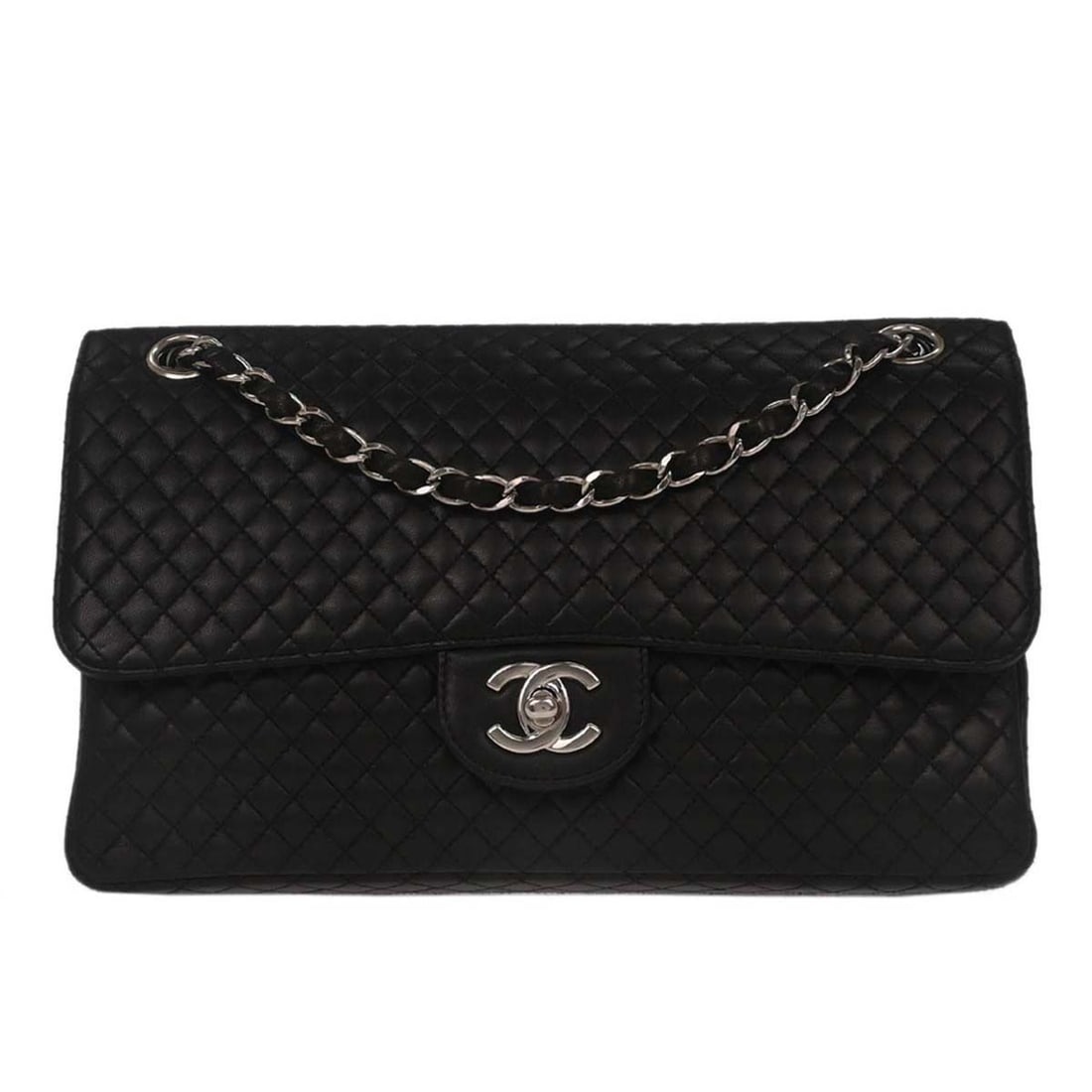 Chanel Medium Black Leather Shoulder Bag with Turn Lock Closure: Chanel Medium Black Leather Shoulder Bag with Turn Lock Closure This Chanel medium shoulder bag is crafted from black lambskin leather and features a classic turn lock closure. Designed for women, it 