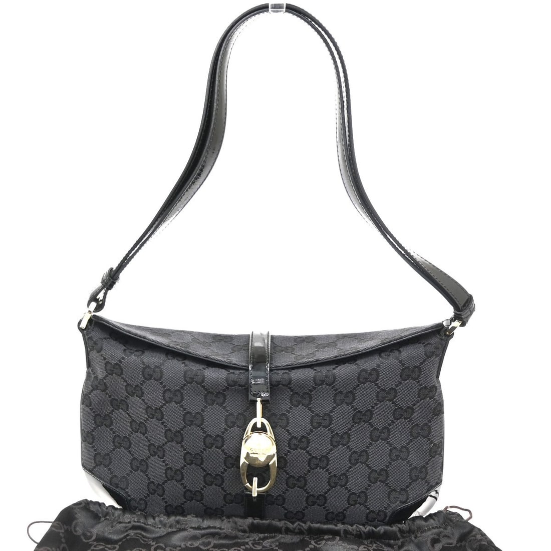 Gucci Vintage Shoulder Bag Patent Leather Black 28cm x 20cm x 6cm: Gucci Vintage Shoulder Bag Patent Leather Black 28cm x 20cm x 6cm This Gucci vintage shoulder bag features the iconic monogram canvas paired with black patent leather. Designed for women, it offers a 