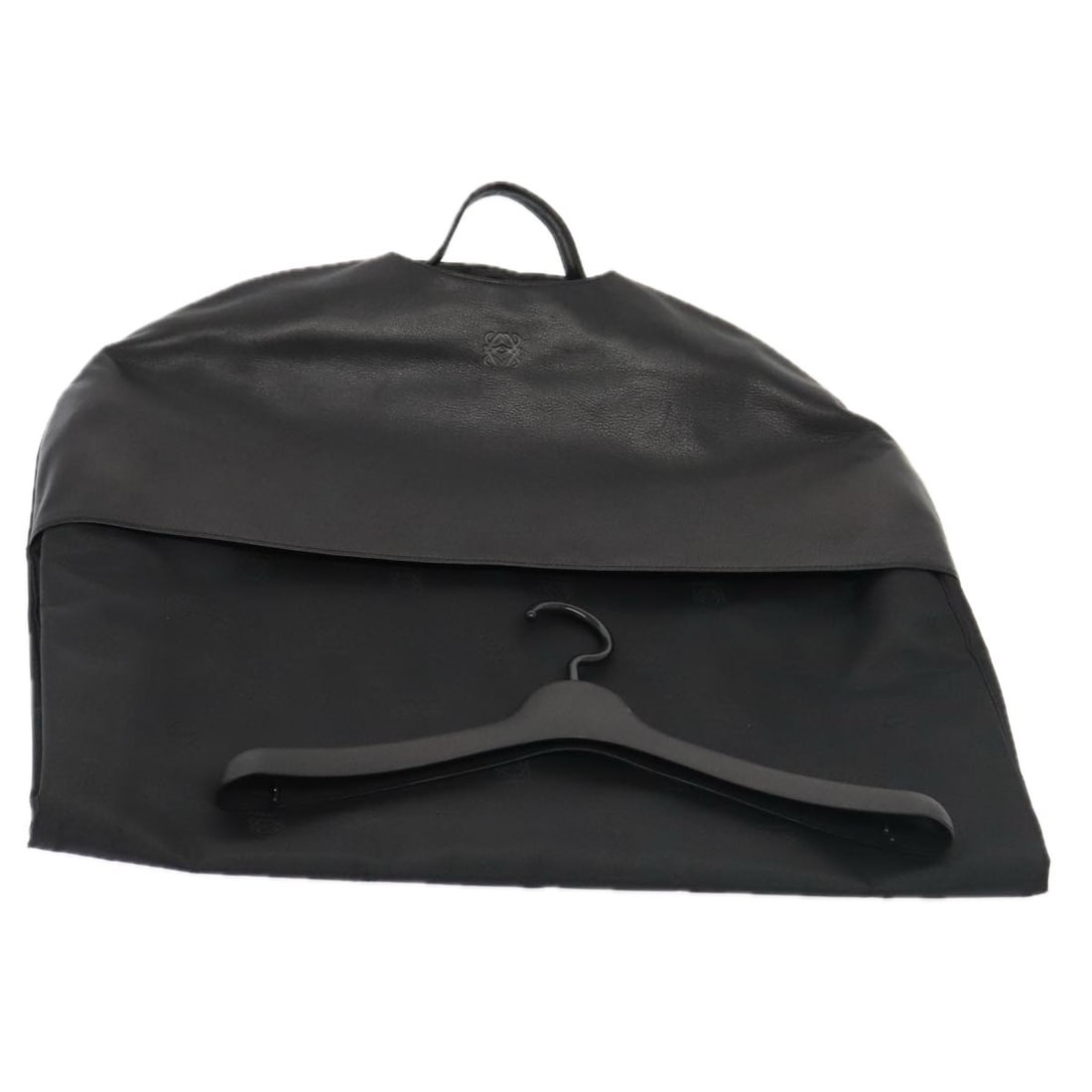 Loewe Black Nylon Garment Carrier with Leather Trim Silver Accents: Loewe Black Nylon Garment Carrier with Leather Trim Silver Accents This LOEWE Anagram garment cover is crafted from black nylon with leather accents and silver-tone details. Designed for men's use, it