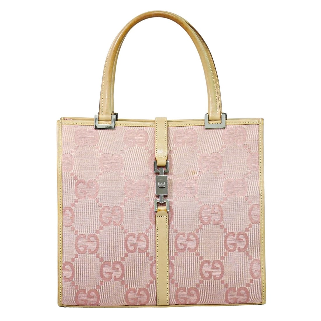 Gucci Jackie 1961 Pink Canvas Tote: Gucci Jackie 1961 Pink Canvas Tote This Gucci Jackie 1961 Tote is crafted from canvas in a pink colorway, accented with leather details. Designed for women, it features a spacious interior and a class