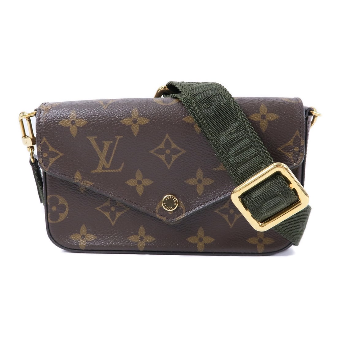 Louis Vuitton Felicie Strap Go Monogram Brown Green Shoulder Bag GHW: Louis Vuitton Felicie Strap Go Monogram Brown Green Shoulder Bag GHW This Louis Vuitton Felicie Strap & Go shoulder bag features the iconic Monogram design in brown and green, crafted from durable PVC
