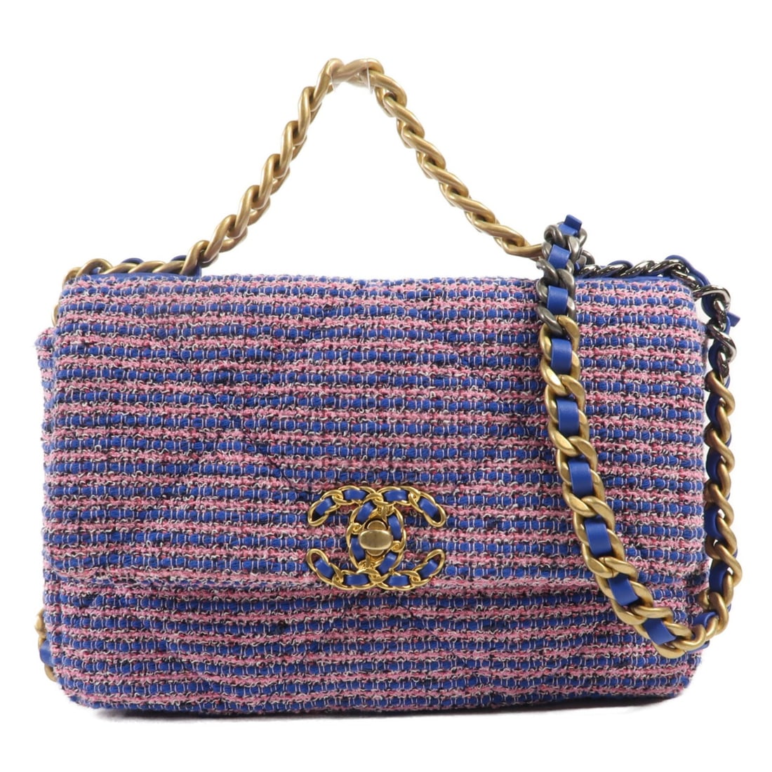 CHANEL CC 19 Tweed Pink Blue 2 Way Shoulder Bag Small Chain: CHANEL CC 19 Tweed Pink Blue 2 Way Shoulder Bag Small Chain This CHANEL CC 19 Small Chain 2-Way Shoulder Bag features a stylish pink and blue tweed exterior. Designed for versatility, it can be carrie