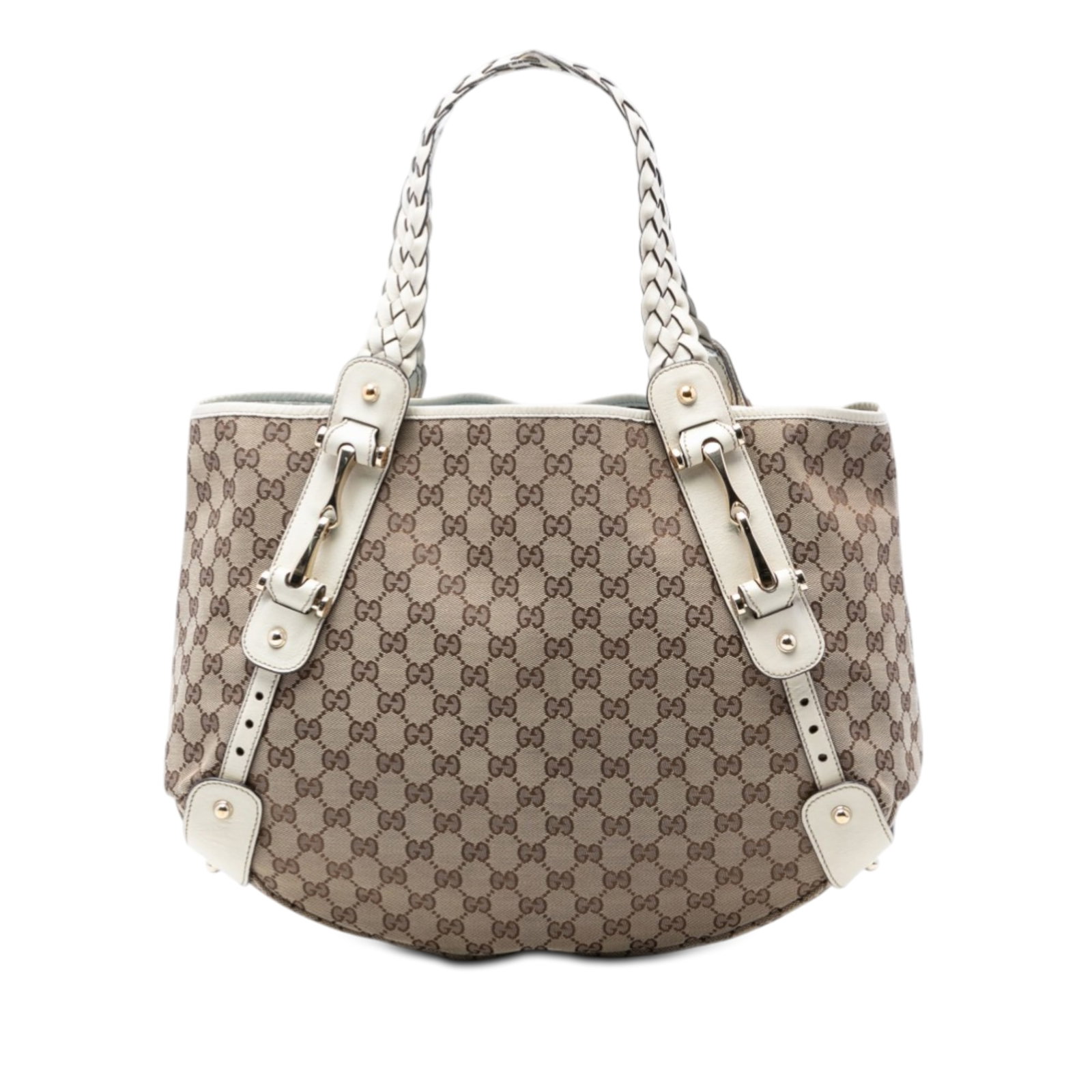 Gucci Pelham GG Canvas Horsebit Shoulder Bag: Gucci Pelham GG Canvas Horsebit Shoulder Bag This Gucci GG Canvas Horsebit Pelham Shoulder Bag showcases a beige canvas body accented with leather trim and braided leather handles. The bag features an