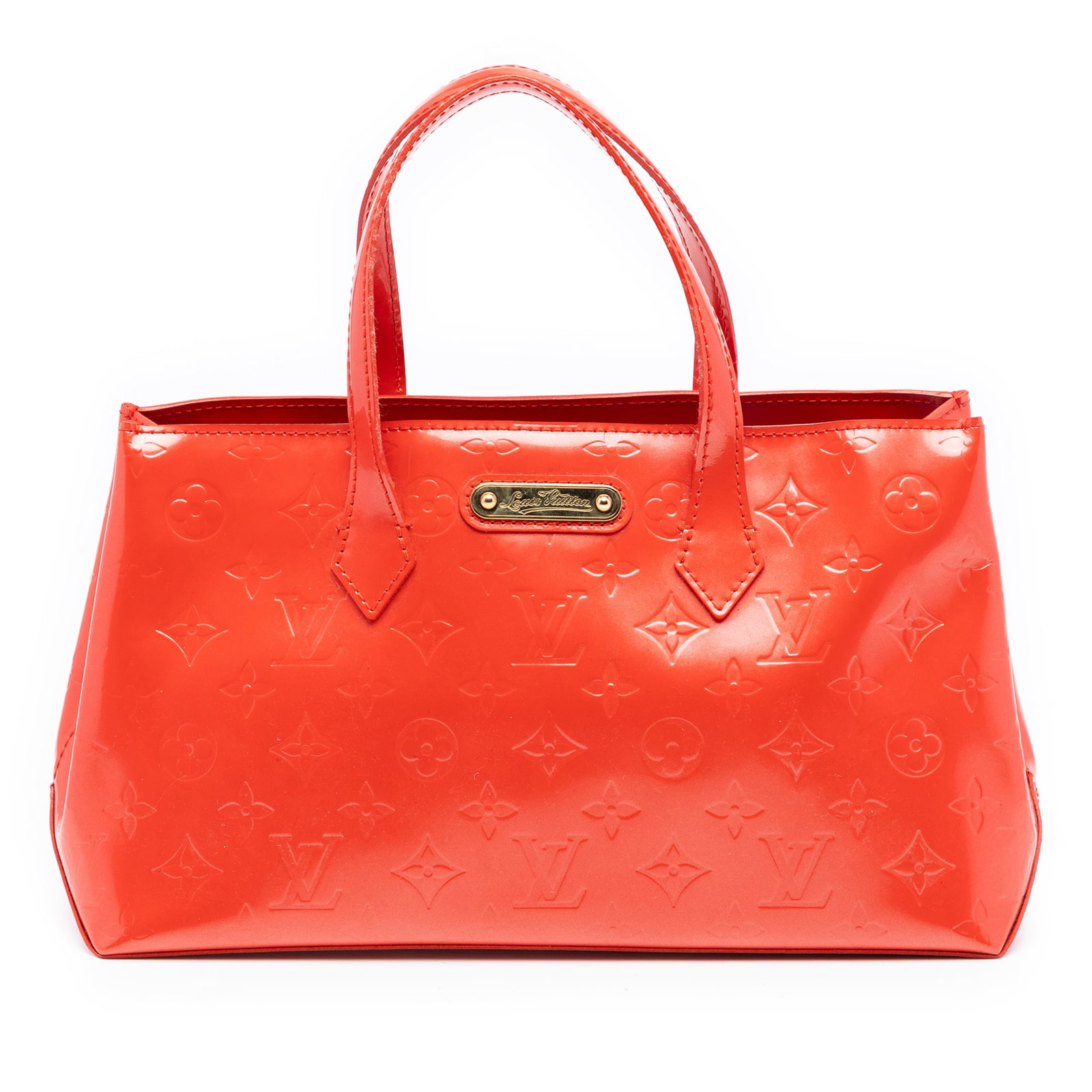 Louis Vuitton Wilshire PM Monogram Vernis Orange Bag: Louis Vuitton Wilshire PM Monogram Vernis Orange Bag This Louis Vuitton Monogram Vernis Wilshire PM bag features a glossy vernis leather body in orange, complemented by flat straps and a top lobster c