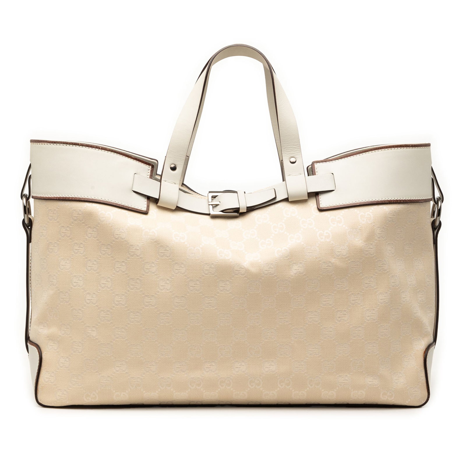 Gucci GG Canvas Beige Tote Bag with Leather Trim: Gucci GG Canvas Beige Tote Bag with Leather Trim This Gucci GG Canvas Tote features a beige canvas body with leather trim and flat leather handles. The open top design provides easy access to belongin