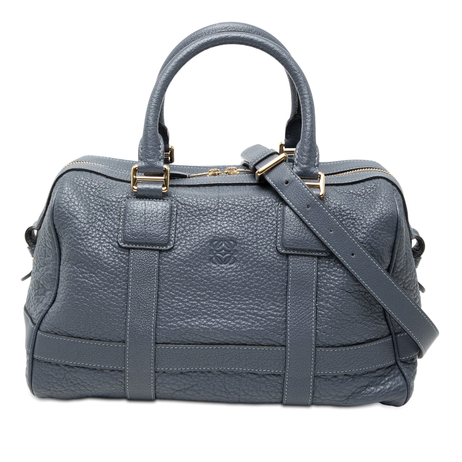 LOEWE blue goatskin Paseo 30 satchel with shoulder strap: LOEWE blue goatskin Paseo 30 satchel with shoulder strap This LOEWE Goatskin Anagram Paseo 30 Satchel is crafted from goatskin leather in blue and features rolled handles, an adjustable flat shoulder 