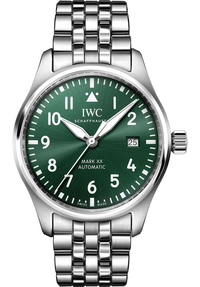 IWC Mark XX Green Dial Bracelet Ref IW328206: IWC Mark XX Green Dial Bracelet Ref IW328206 This IWC Pilot's Watch Mark XX features a striking green dial and is presented on a matching bracelet. The watch is identified by reference number IW328206