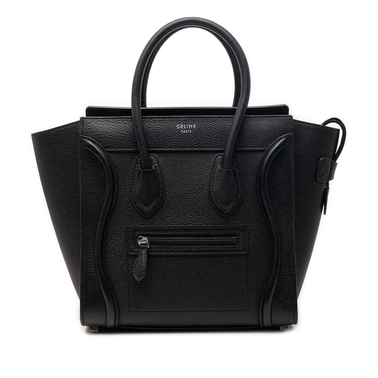 Celine Micro Luggage Tote Black Drummed Calfskin: Celine Micro Luggage Tote Black Drummed Calfskin This Celine Micro Drummed Calfskin Luggage Tote is crafted from textured calf leather and features rolled leather handles, a top zip closure, a front e