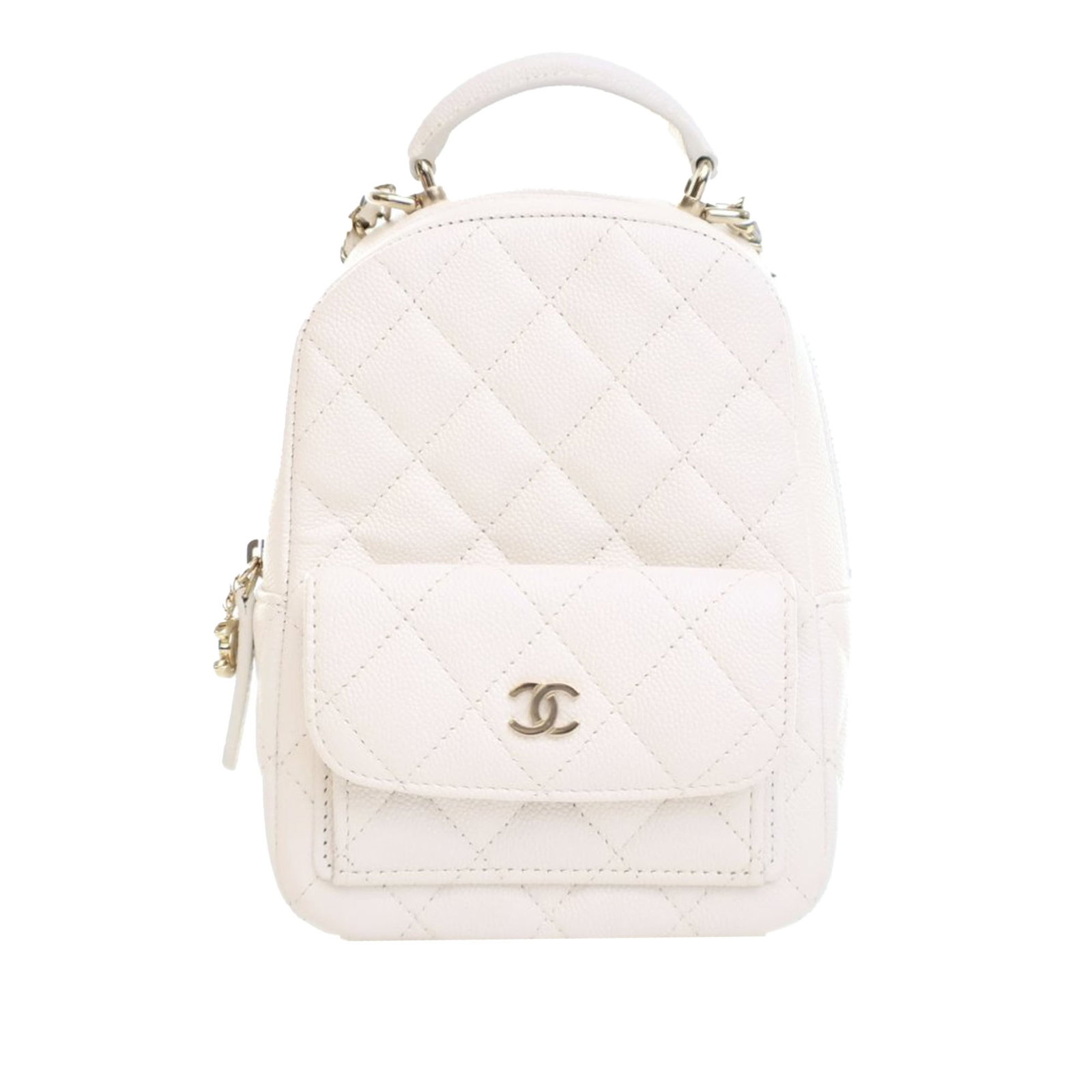 Chanel White Quilted Caviar Mini Backpack CC Chain Straps: Chanel White Quilted Caviar Mini Backpack CC Chain Straps This Chanel Mini CC Quilted Caviar Backpack is crafted from quilted caviar leather in white and features a rolled top handle, detachable leath