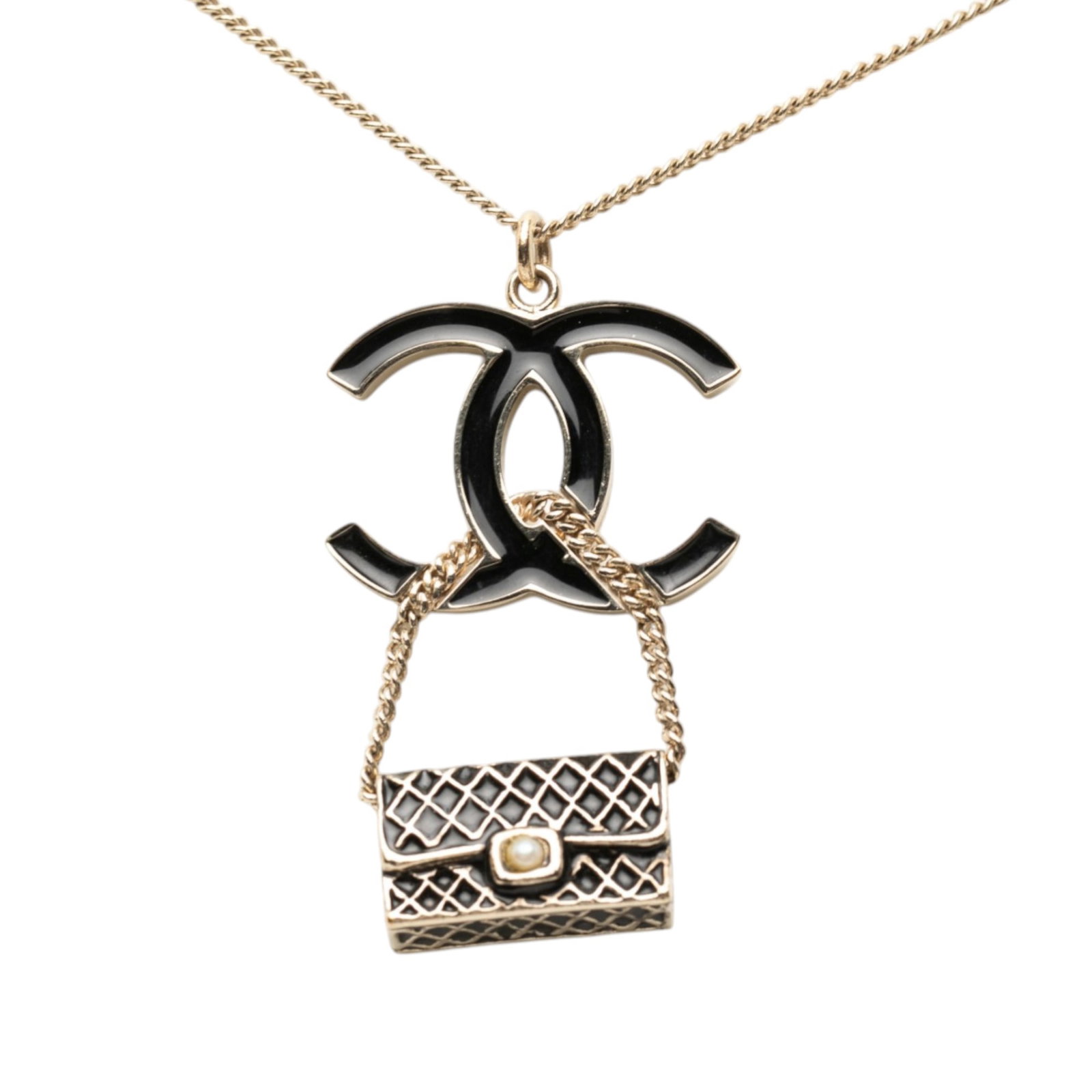 Chanel enamel CC pendant necklace gold plated chain lobster clasp: Chanel enamel CC pendant necklace gold plated chain lobster clasp This Chanel necklace features a gold plated chain adorned with an enamel CC pendant and a flap bag motif. It is secured with a lobster