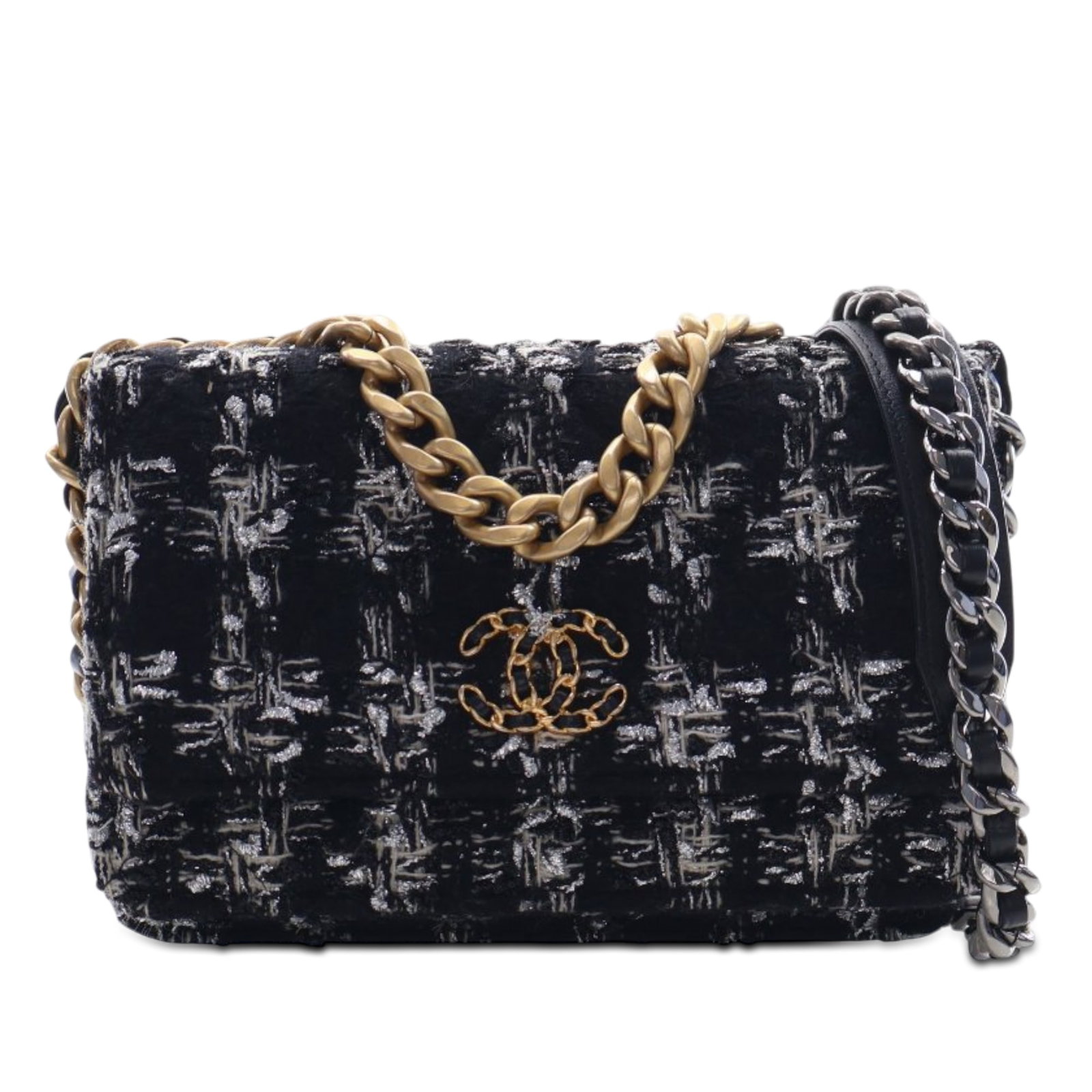 Chanel 19 tweed wallet on chain bag: Chanel 19 tweed wallet on chain bag This Chanel Tweed 19 Wallet On Chain showcases a sophisticated tweed fabric exterior, complemented by a curb chain-link handle and a leather-woven chain strap with 