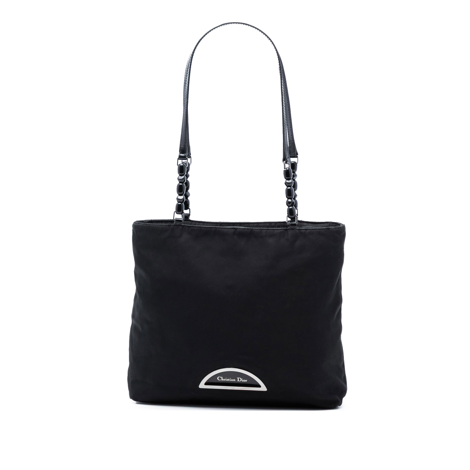 Black Nylon Malice Tote Bag by Dior with Leather Handles: Black Nylon Malice Tote Bag by Dior with Leather Handles This Dior Nylon Malice Tote features a black nylon body with flat leather straps and a top zip closure. The interior is equipped with both zip 
