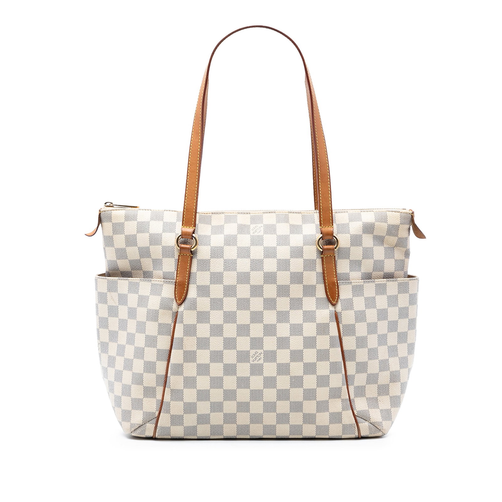 Louis Vuitton Damier Azur canvas tote bag Totally MM: Louis Vuitton Damier Azur canvas tote bag Totally MM This Louis Vuitton Damier Azur Totally MM features the iconic damier azur canvas body with vachetta leather trim and flat vachetta leather straps. 