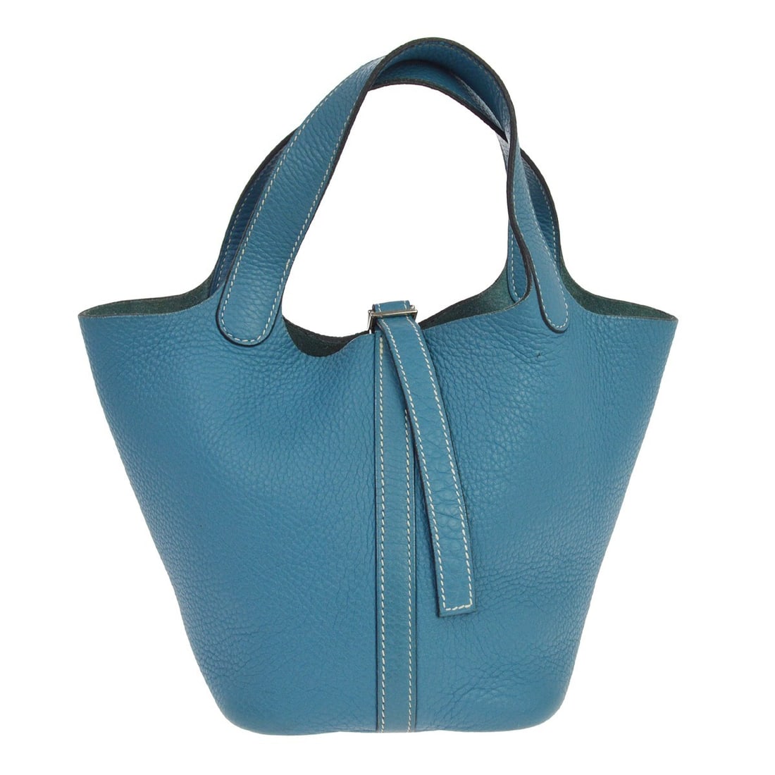 Hermes Picotin PM Blue Taurillon Clemence Bucket Bag: Hermes Picotin PM Blue Taurillon Clemence Bucket Bag This Hermes Picotin 18 PM handbag features a Blue Jean Taurillon Clemence leather exterior with a suede leather lining. Designed with double handle