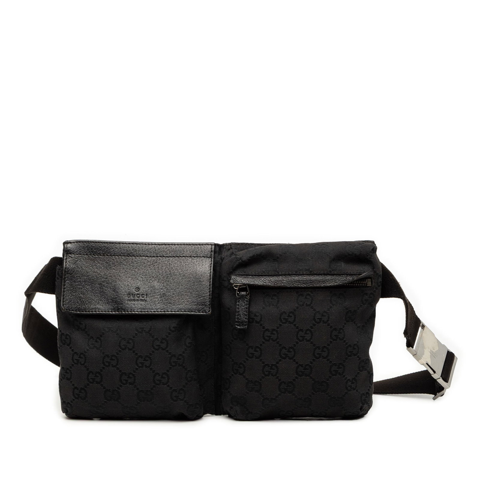 Gucci black canvas waist bag with double pockets: Gucci black canvas waist bag with double pockets This Gucci GG Canvas Double Pocket Belt Bag features a canvas body with an adjustable waist strap, exterior front flap and zip compartments, and an ext