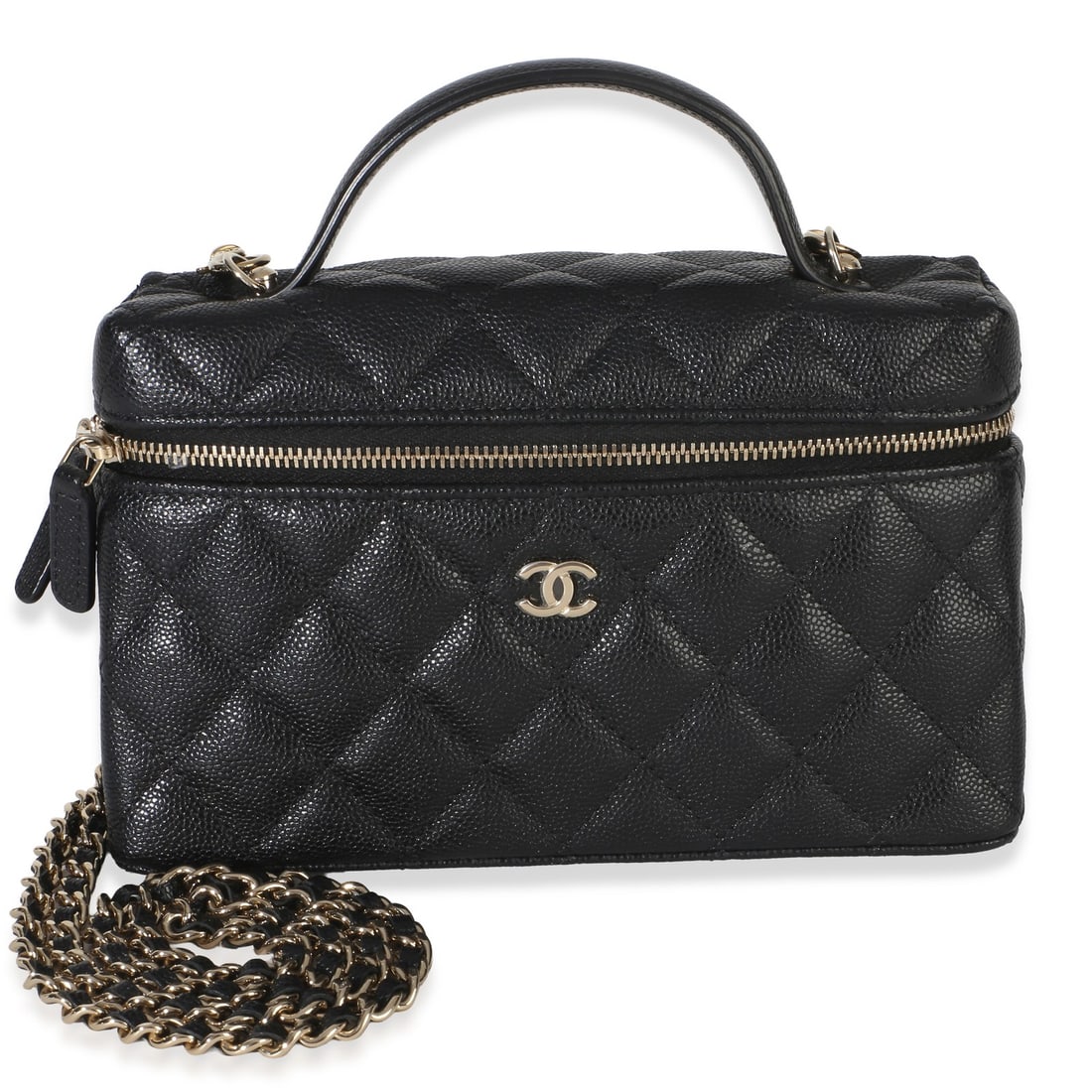 Chanel Black Caviar Quilted Vanity Chain Top Handle Bag: Chanel Black Caviar Quilted Vanity Chain Top Handle Bag This Chanel Black Quilted Caviar Top Handle Slim Vanity Handbag features a luxurious quilted leather exterior in classic black, complemented by 