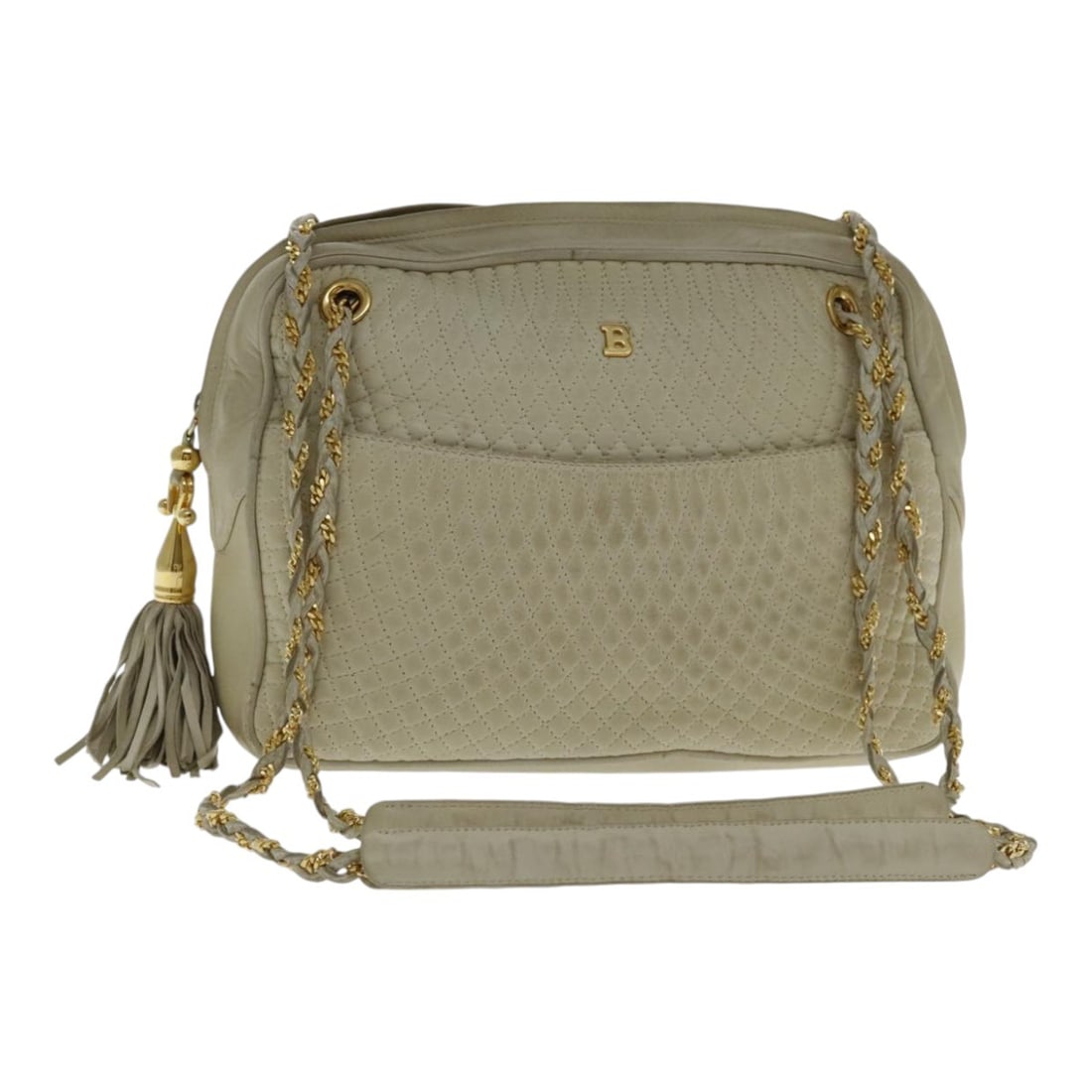 Bally white gold leather chain shoulder bag Italy: Bally white gold leather chain shoulder bag Italy This Bally chain shoulder bag is crafted from white and gold leather and features a classic shoulder bag silhouette. The bag includes an adjustable sh